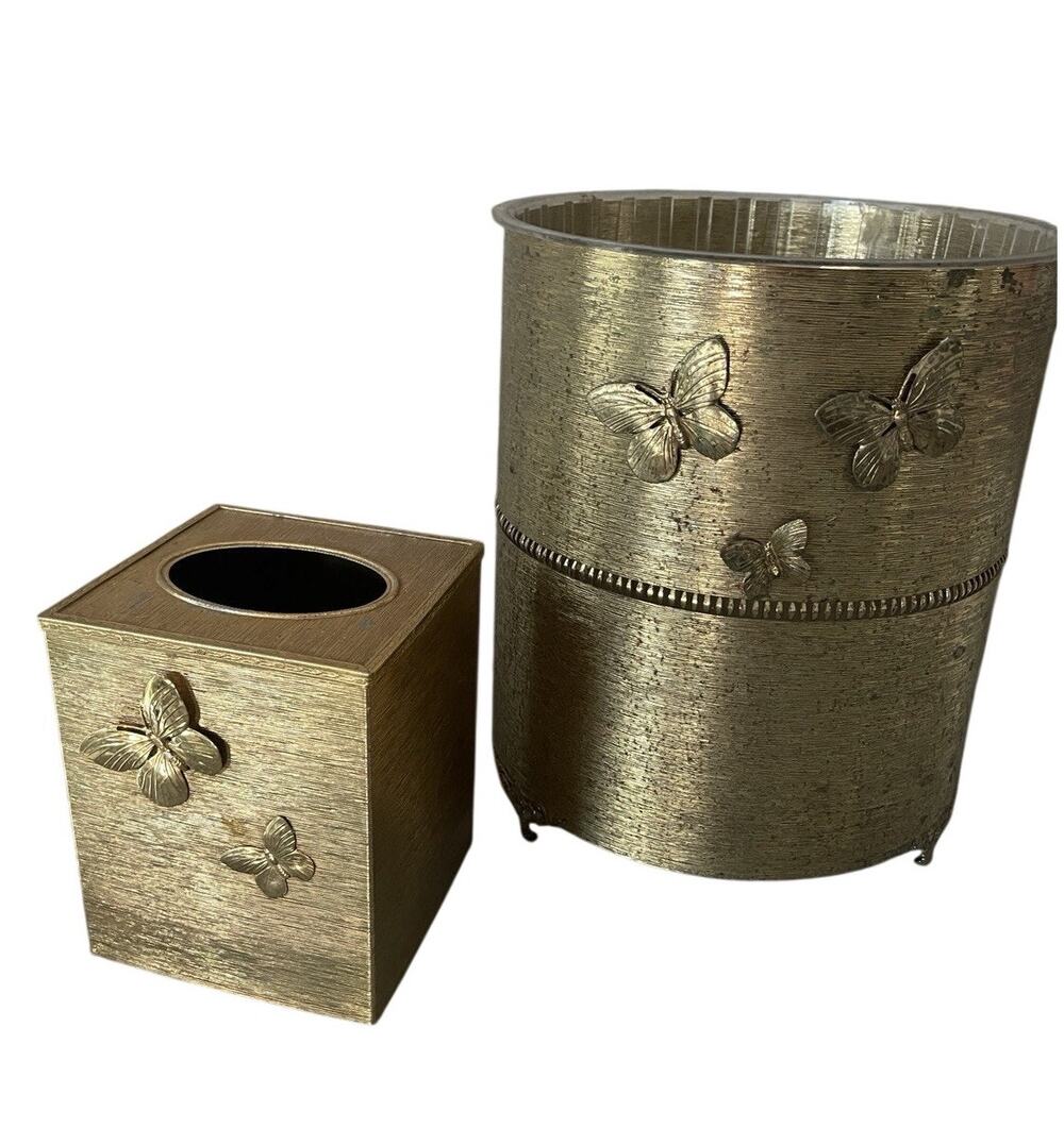 Vintage Stylebuilt 24kt Gold Plated Tissue Box Cover & trash can 3D Butterflies